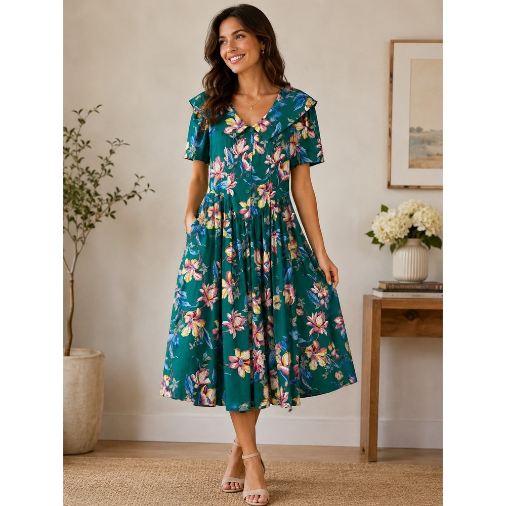 Carol Anderson California Vintage 90s Teal Green Floral Cotton Cottagecore Dress